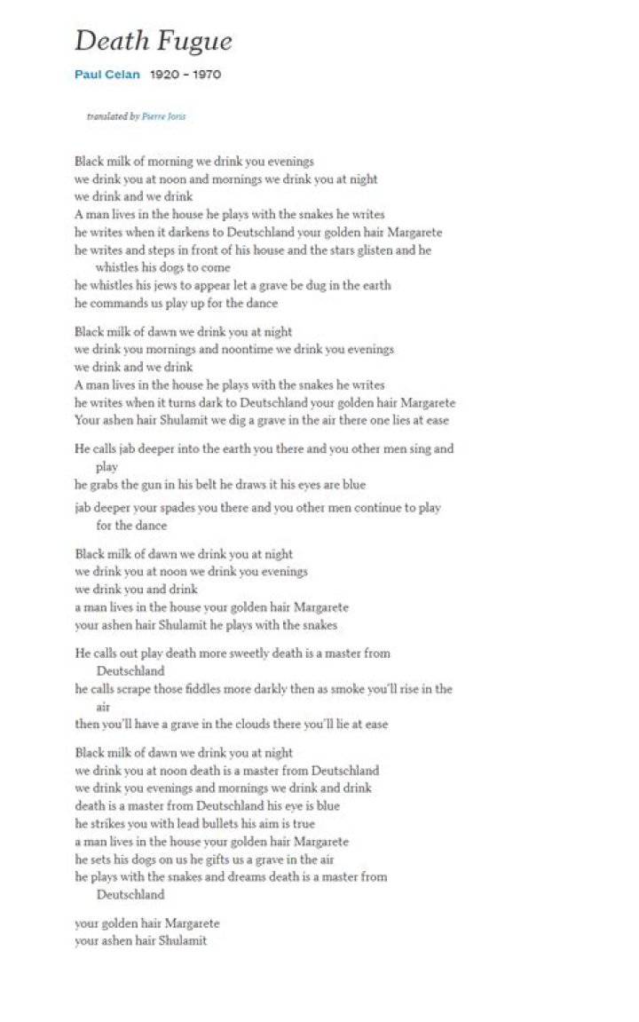 What is the message of the poem Death Fugue?