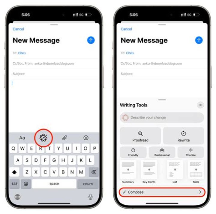 Where is the Compose email button on iPhone?